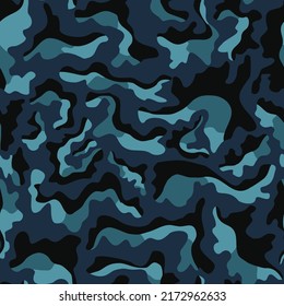 Blue vector camouflage military texture endless pattern, trendy urban background. Ornament