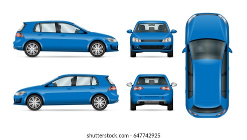 Blue vector car on white, template for car branding and advertising. Isolated hatchback set. All layers and groups well organized for easy editing and recolor. View from side, front, back, top