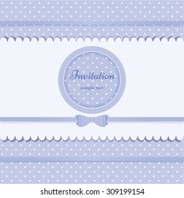 Blue vector card invitation for baby shower or birthday party with white polka dots. Cute background with frame  to put your own text.