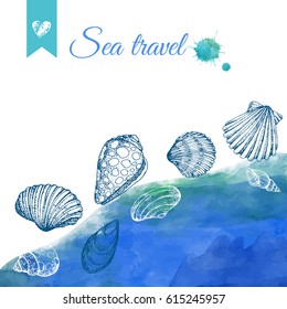 Blue vector card with sea shells. Hand drawn vintage sketch elements of engraving. Nautical watercolor background. Frame.