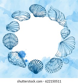 Blue vector card with sea shells. Hand drawn vintage sketch. Nautical watercolor background. Round frame.
