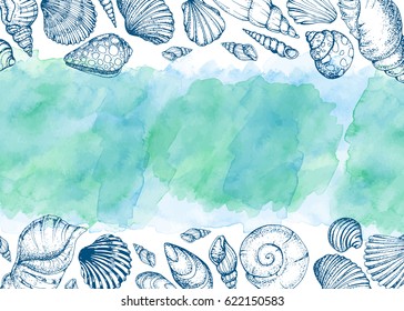 Blue vector card with sea shells. Hand drawn vintage sketch elements of engraving. Nautical watercolor background. Frame.