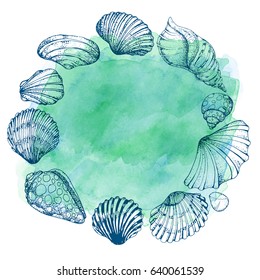 Blue vector card with sea shells. Hand drawn vintage sketch elements of engraving. Nautical watercolor background. Round frame.