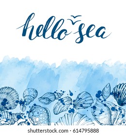 Blue vector card with seashells and handwritten inscription Hello sea. Hand drawn vintage sketch elements of engraving. Nautical watercolor background. Modern brush lettering and calligraphy.