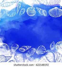 Blue vector card with seashells and handwritten inscription Hello sea. Hand drawn vintage sketch elements of engraving. Nautical watercolor background. Modern brush lettering and calligraphy.