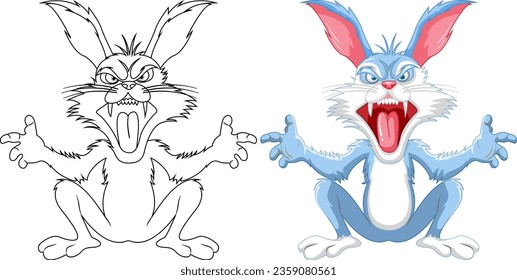 A blue vector cartoon illustration of a crazy rabbit sitting with sharp teeth, perfect for coloring pages