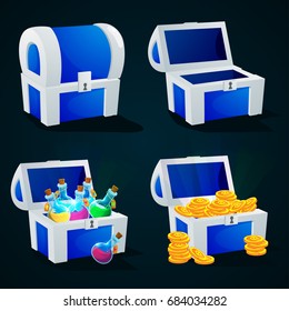 Blue vector chest with gold coins, empty, closed and with a potion.