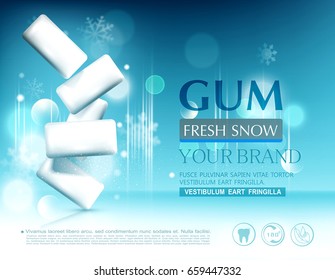 Vector azul.  Chicle sobre el fondo de copos de nieve y bokeh. Elemento de diseño moderno, publicidad para ventas, folletos de plantilla, volantes. Ilustración 3D realista.