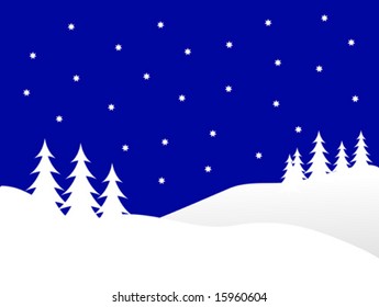 a blue vector christmas background illustration with a blue starry sky over a white tree lined snowy hill