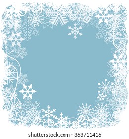 Blue vector Christmas background with snowflakes and with white frame.