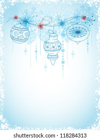 Blue vector Christmas card with decorations and snowflakes