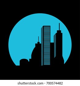 Blue vector cityscape illustration.
modern buildings and city lights