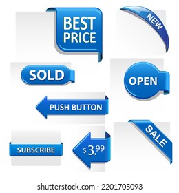 Blue vector collection of corners, titles, arrows for promotion and sale - set.  