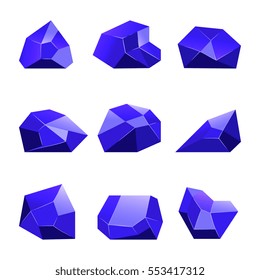 Blue vector crystals white background for mobile games apps. Set of cartoon crystal to gui illustration.