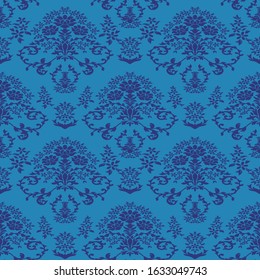 Blue Vector damask seamless pattern element. Classical luxury old fashioned damask ornament, royal victorian seamless texture for wallpapers, textile, wrapping. Exquisite floral baroque template.