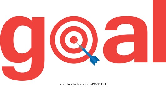 Blue vector dart on red bullseye target text goal.