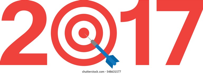 Blue vector dart on red bullseye target text 2017.