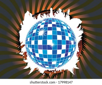 blue vector disco ball with grunge effect in dark swirly background