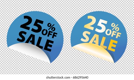 Blue vector discount label up to 25 percents. Vector set illustration of sale sticker with black and gold text and background