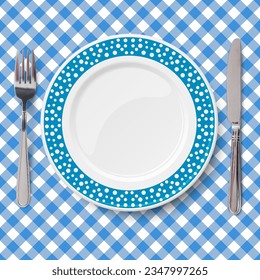 Plato vectorial azul con patrón de punto de polka blanco caótico colocado sobre tela de mesa clásica azul