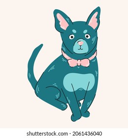 Blauer Vektorhund mit Bugbinengrafik. Farbiger Druck mit Hund 