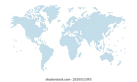 Vetor azul Mapa do mundo pontilhado. Vetor World map, isolado no fundo branco. Ótimo para planos de fundo do site, relatórios, infográficos, projetos de viagens.