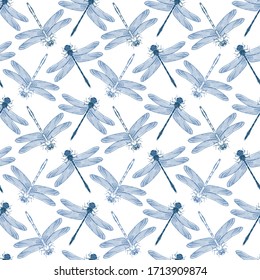 Blue vector dragonflies seamless pattern print background