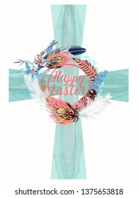 Blue vector Easter crest with decorations symbol of religion