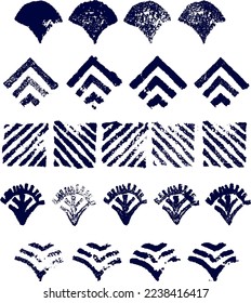 Blue vector elements in japanese style isolated on white background. Traditional Oriental japan art decorative hand drawn stamps. Asian wallpaper, textile design. Hand drawn stamp geometric figures