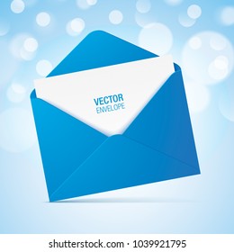 Blue vector envelope on a bokeh background. Realistic blue opened envelope standing on a surface.