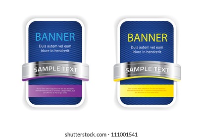Blue vector fabric textured banners / badges with colorful details and metallic decorations, yellow and purple
