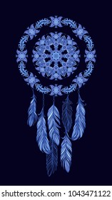 Blue vector feather dream catcher on dark background