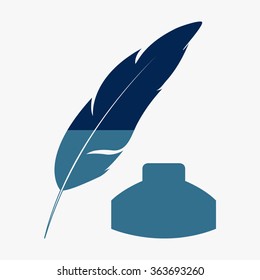 Blue Vector feather and ink bottle icon 