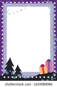 Blue vector festive Christmas card with colorful balls lanterns, snowflakes, two trees and gifts frame decoration.