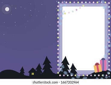 Tarjeta navideña azul vectorial con linternas de bolas coloridas, copos de nieve, dos árboles y regalos marco decorativo con el contorno de la casa y el cielo.