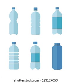 Blue vector flat design icons set of plastic bottles with clean water isolated on white background
