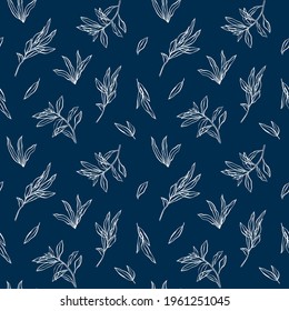 Blue vector floral leaves seamless pattern. Silhouette leaf hand drawn inks by brush on modern style. Line art. Decorative natural ornament for print textile, wrapping paper, fabrics, covers.