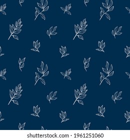 Blue vector floral leaves seamless pattern. Silhouette leaf hand drawn inks by brush on modern style. Line art. Decorative natural ornament for print textile, wrapping paper, fabrics, covers.