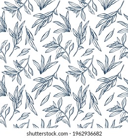 Blue vector floral leaves seamless pattern. Silhouette leaf hand drawn inks by brush on modern style. Line art. Decorative natural ornament for print textile, wrapping paper, fabrics, covers.