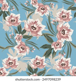 Blue vector floral pattern. seamless pattern vector with climbing flowers illustration.Suitable Design for wallpaper, fabric, wrapping paper, background