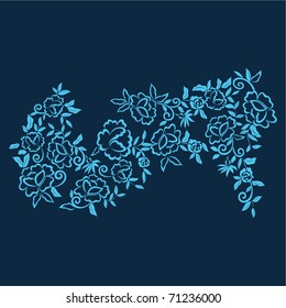 Blue vector floral silhouette background.