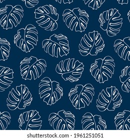 Blue vector floral, Tropical leaves seamless pattern. Silhouettes leaf monstera in hand drawn modern style. Decorative natural ornament for print textile, wrapping paper, fabrics, covers. Line art.