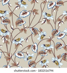 blue vector flowers with brown leaves pattern on cream background