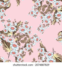 blue vector flowers with brown leaves bunches pattern on pink background