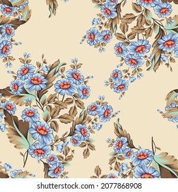 flores vectoriales azules con hojas marrones patrón sobre fondo crema