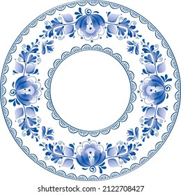 Blue vector flowers circle in Russian style round plate pattern on white background