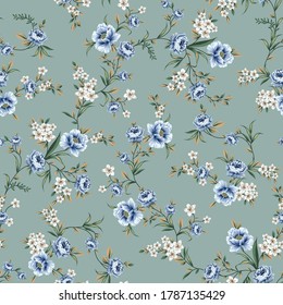 blue vector flowers with green leaves pattern on green background