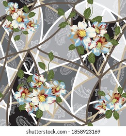 blue vector flowers with green leaves bunches pattern on seamless halftone paisley grey bandanna background