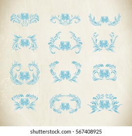 Blue vector flowers. Hand drawn illustration in folk style. Beautiful  flowers in vintage style. Floral art ornament. 
