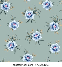 blue vector flowers leaves bunches pattern on green background